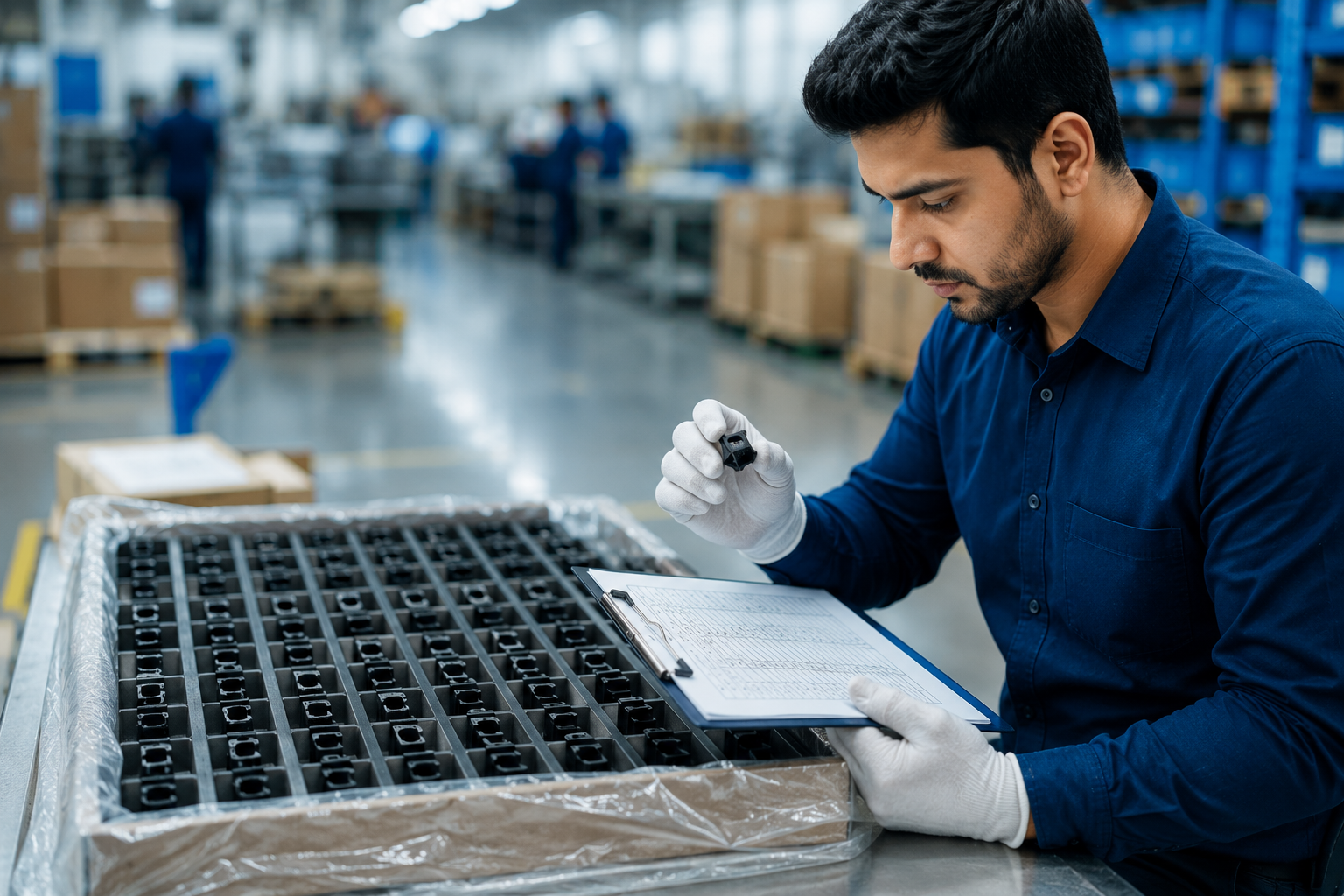 Inspector performing AQL sampling inspection on a batch of products