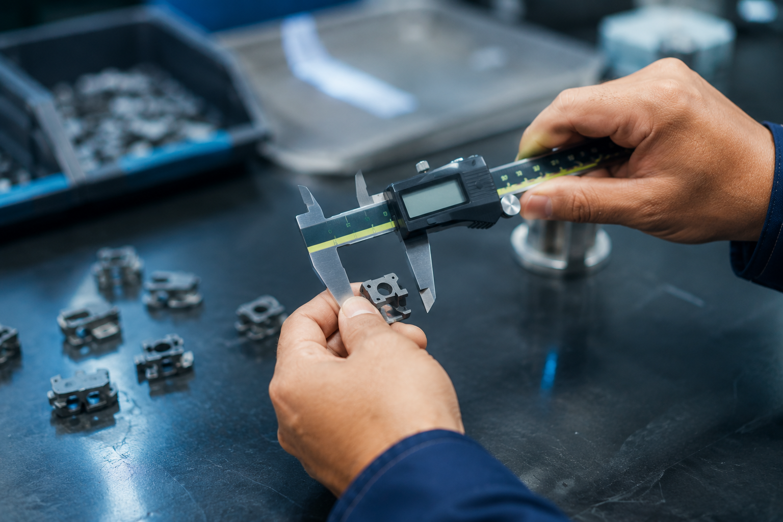 Inspector using digital calipers to measure a product component against spec