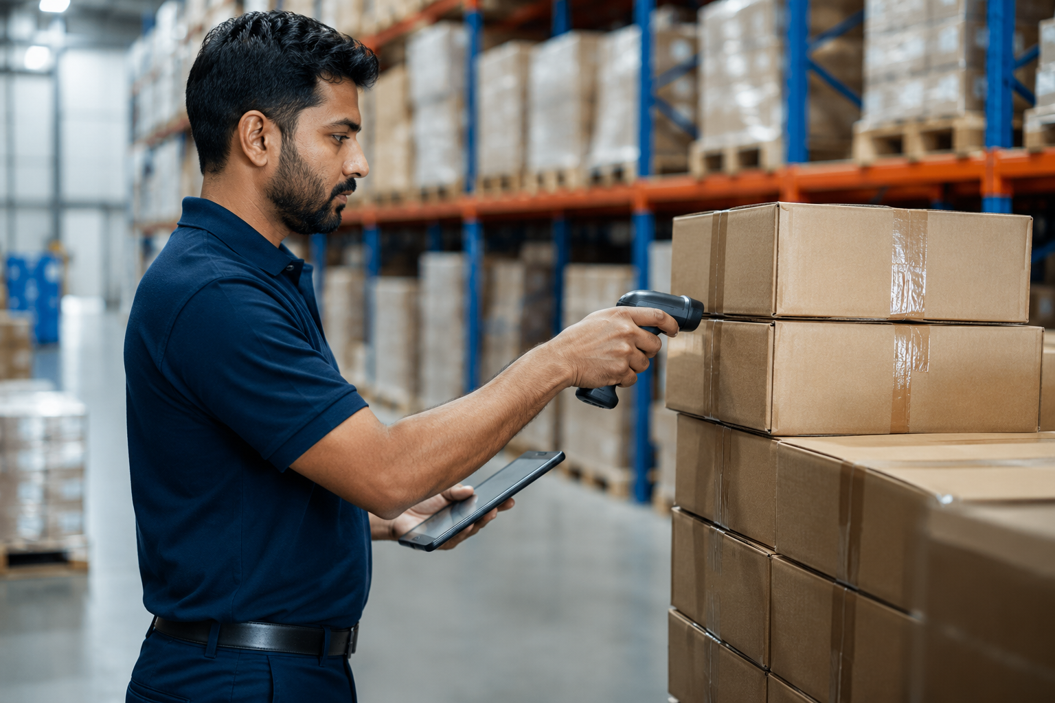 Inspector scanning and verifying packaged goods in a warehouse before shipment