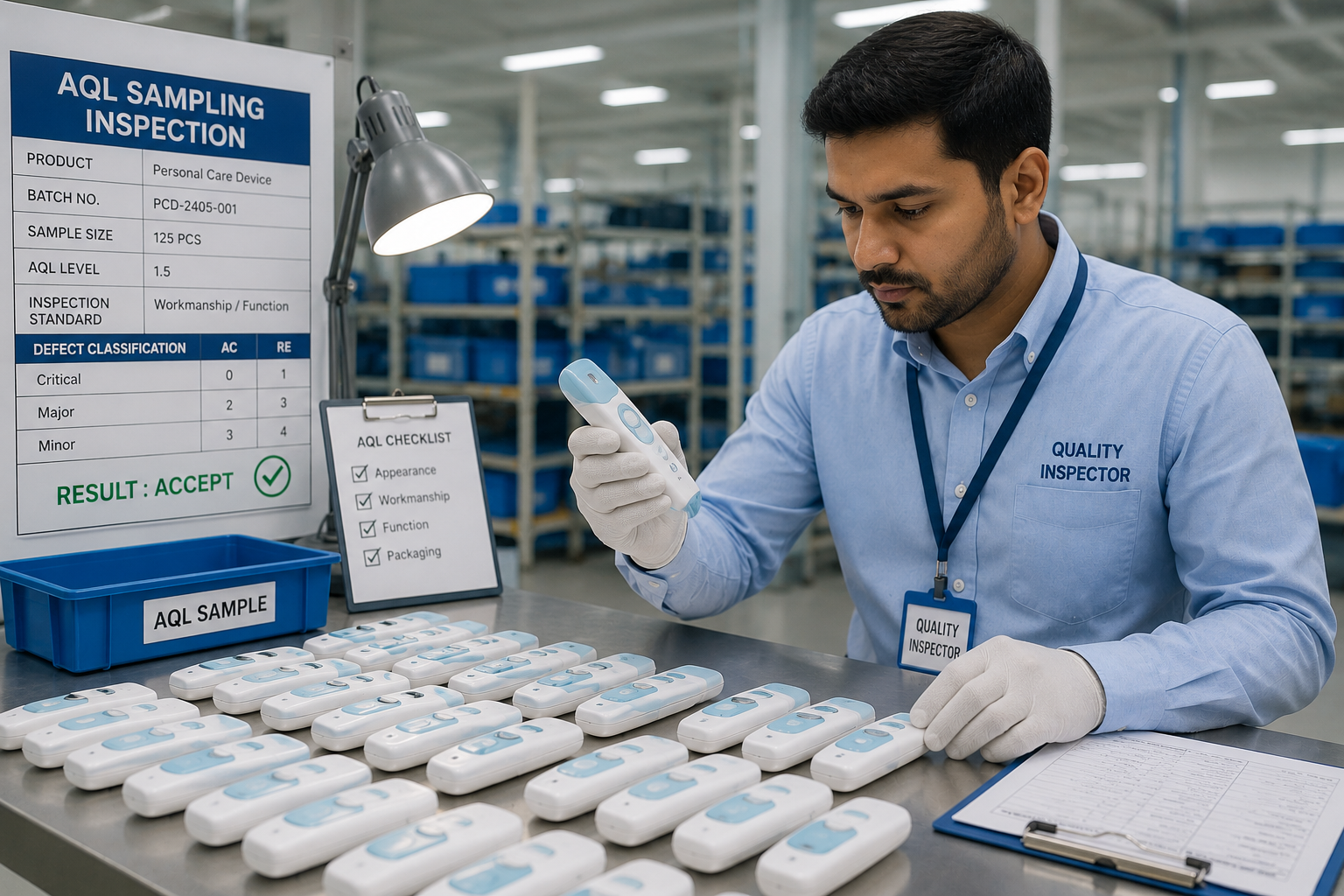 Inspector performing AQL sampling inspection on a batch of products