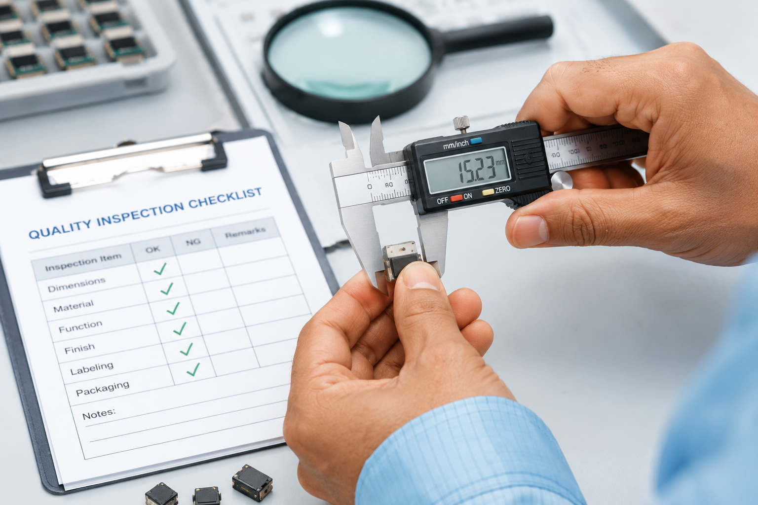 Inspector using digital calipers to measure a product component against spec