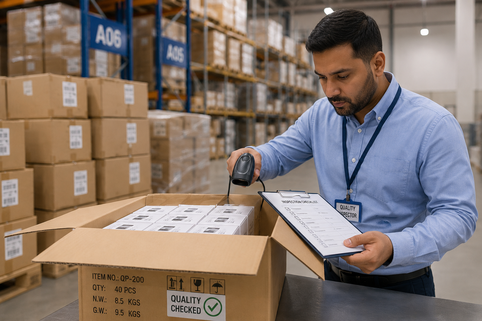 Inspector scanning and verifying packaged goods in a warehouse before shipment