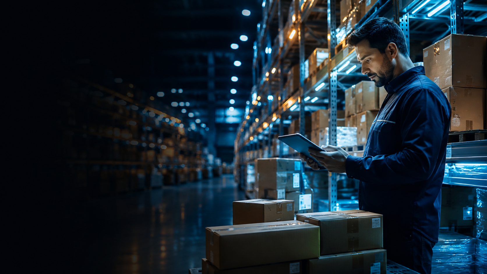 NexPhase QC inspector checking shipment boxes with a tablet in a warehouse